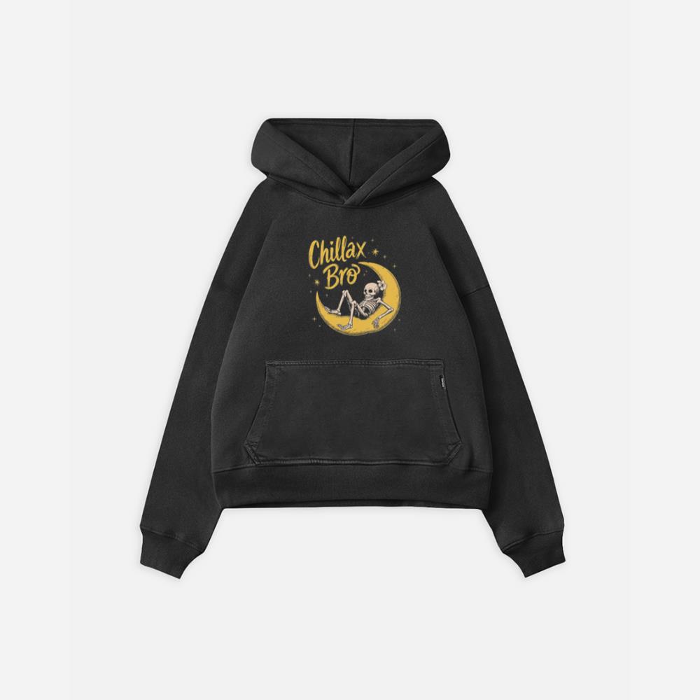 Chillax Bro Skeleton on Moon Cartoon Design Hoodie