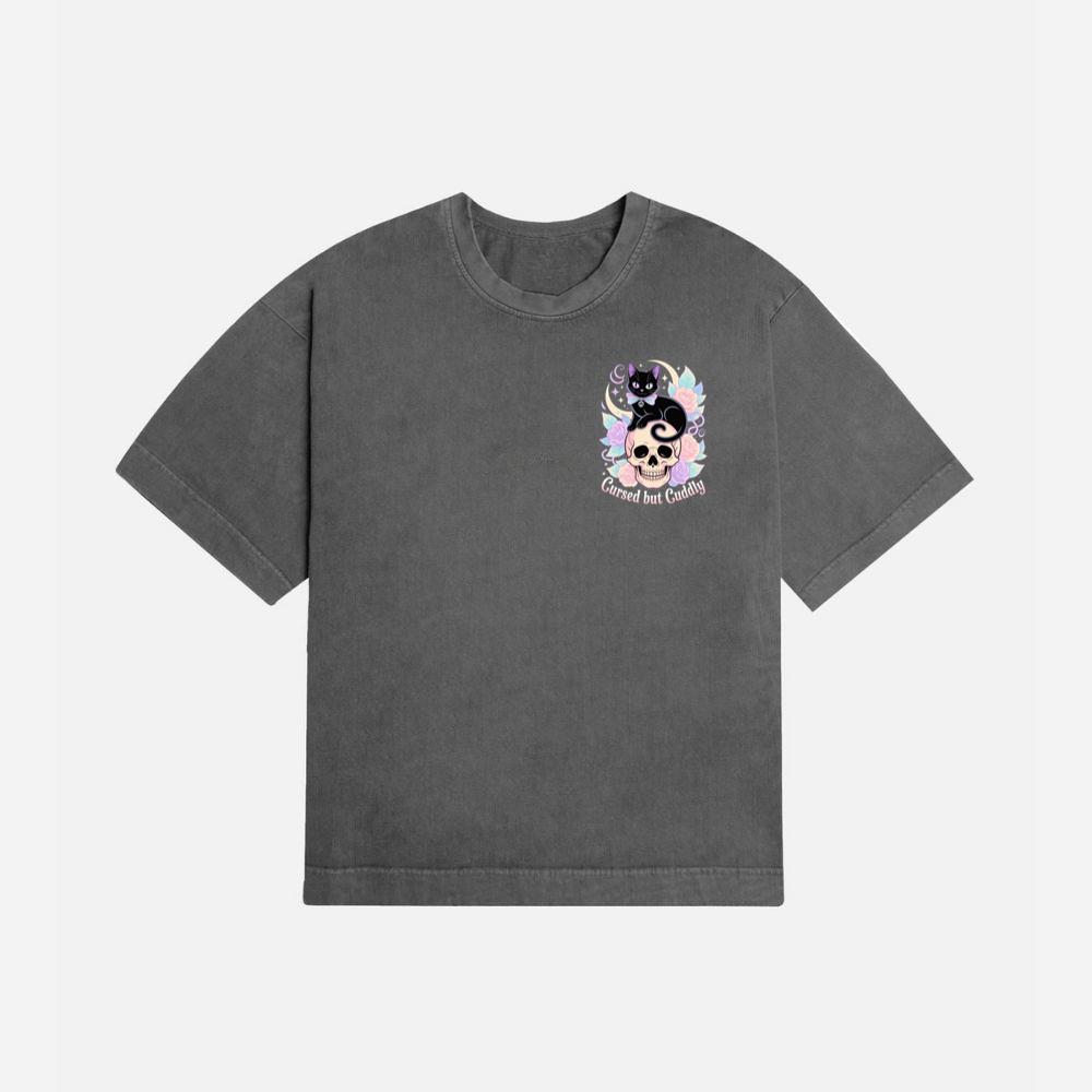Cursed but Cuddly Skull Cat Retro Graphic T-Shirt - Image 2