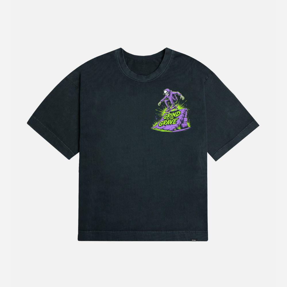 Grind to the Grave Skeleton Skateboard Graphic T-Shirt - Image 3